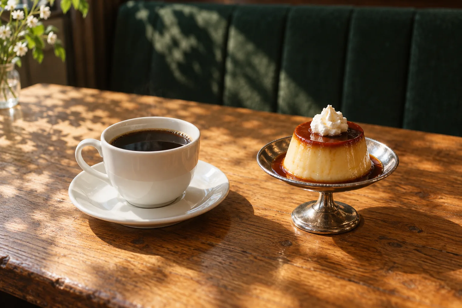 コーヒーと喫茶プリンが並ぶ架空カフェのテーブル